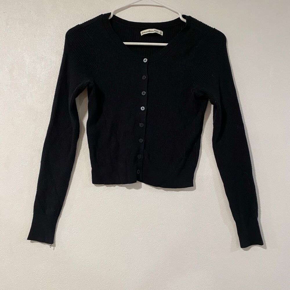 Abercrombie & Fitch Black Ribbed Cropped Cardigan Sweater Small - Picture 2 of 6